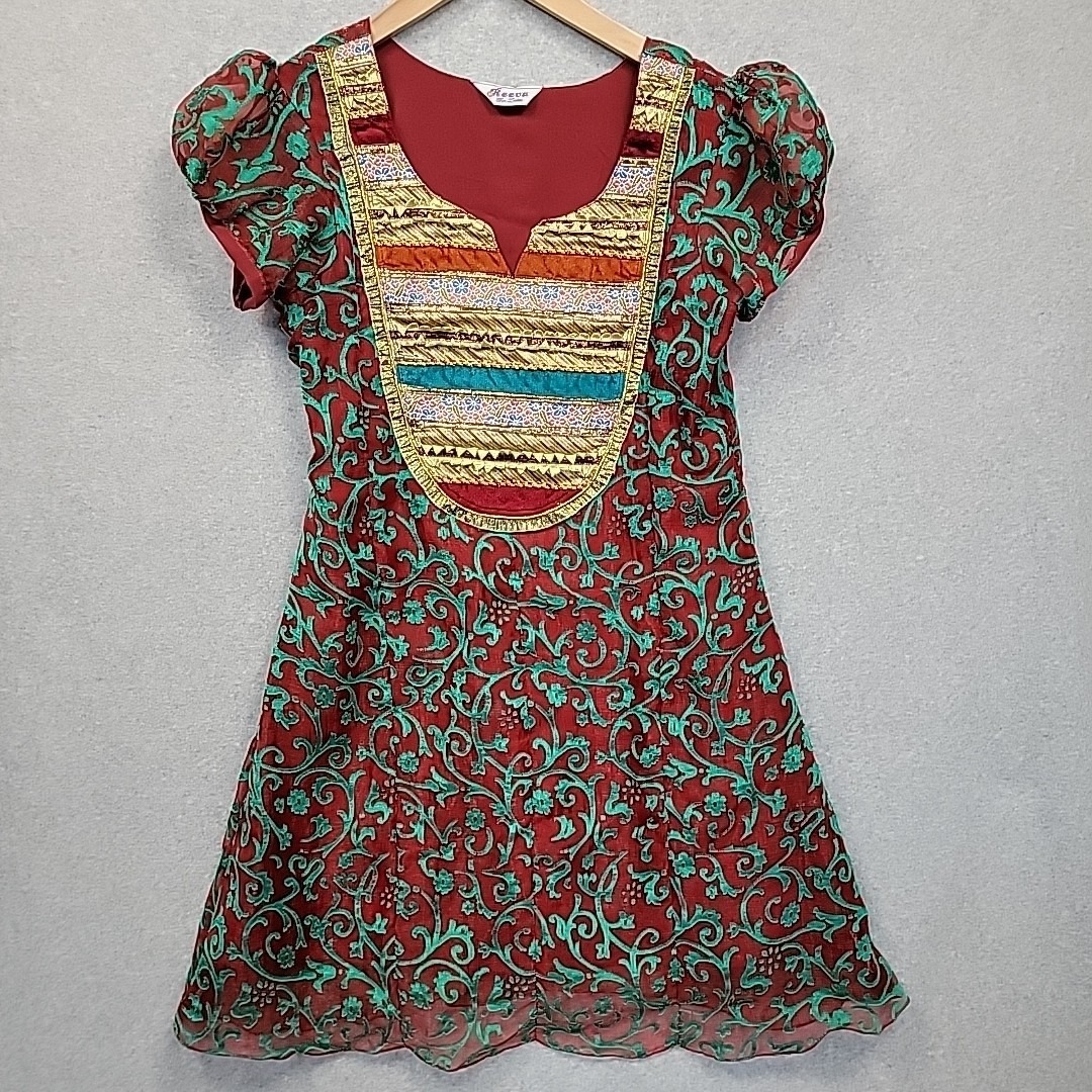 Indian Ethnic Floral Tunic Dress For Women Xs Boho Hippie Vintage Look Festival — image 2 of 8